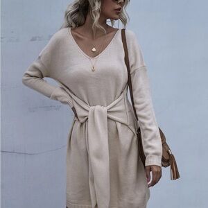 A4 - 209 Cream white Tie Front Drop Shoulder Knit Dress size small NWOT